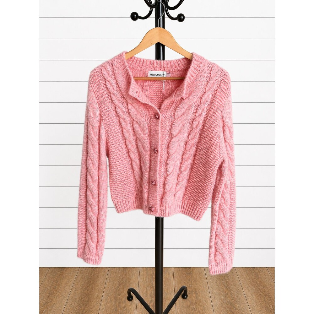 Hello Molly NWT Chunky Cable Knit Exclusive Pink Cropped Cardigan L